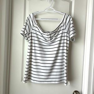 Black and white stripped off the shoulder t-shirt